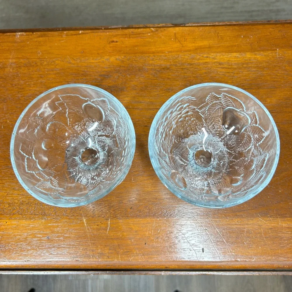 Vintage Clear Pressed Glass Fruit Embossed Footed Dessert Bowls Set of 2